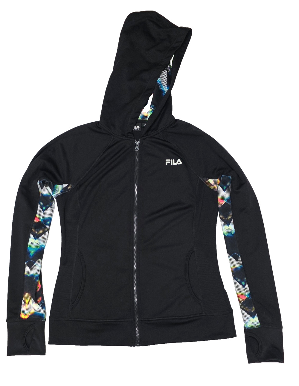 FILA SPORT Women's Black Full Zip Running Hoodie Geometric Multicolor Trim Sz M